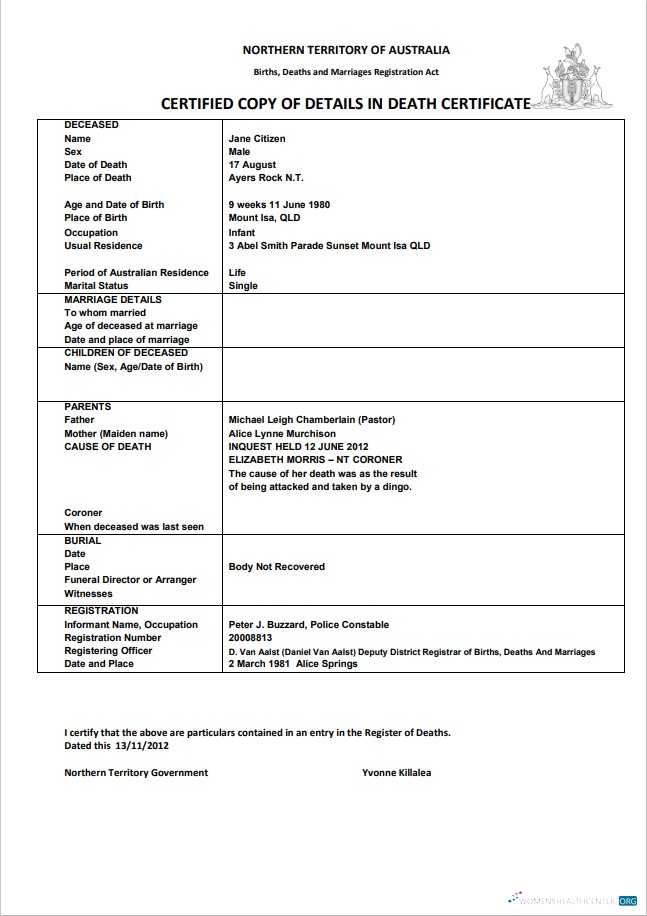 Download Australia Northern Territory of Australia death certificate template in Word format Photoshop template